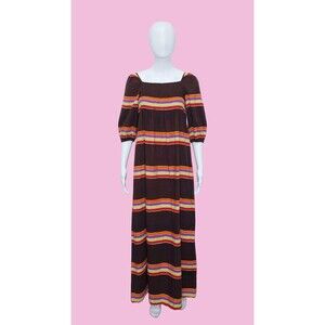 1960s-1970s MARIMEKKO Brown STRIPED, Pleated, PUFF Sleeve Maxi Dress XS-S. As Is